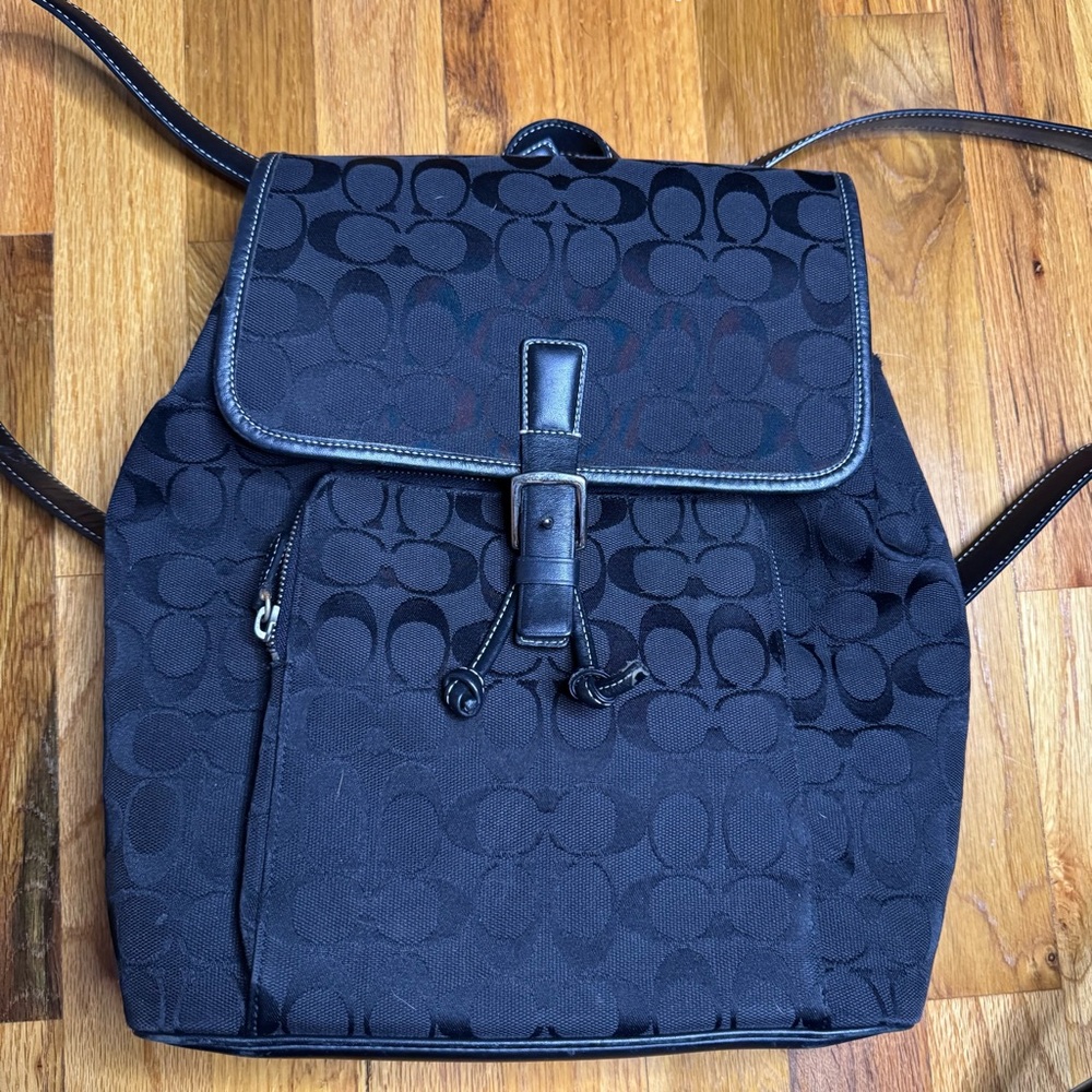 Coach Black Backpack with Signature Monogram and Leather Trim